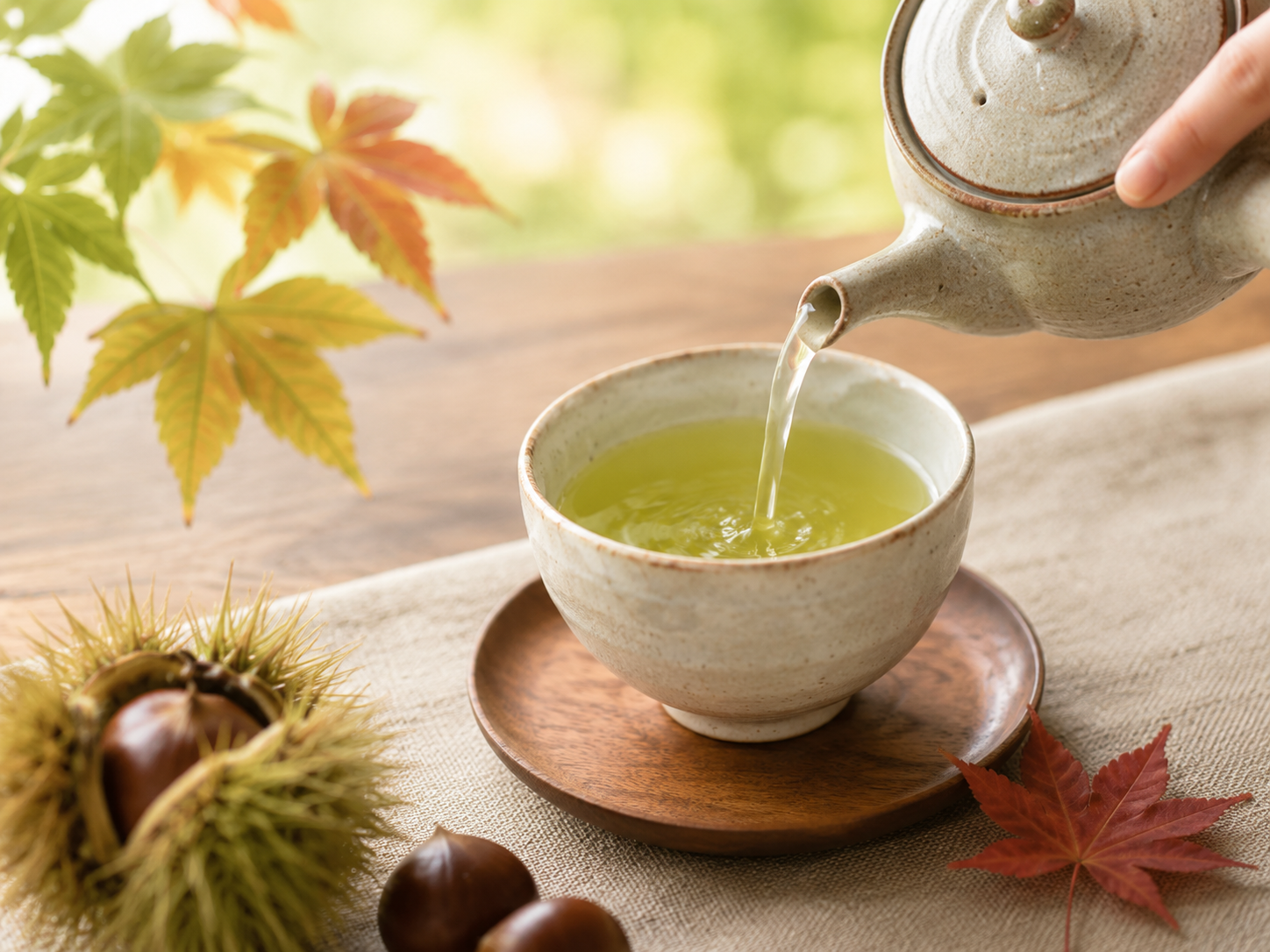 急須から湯のみに注ぐ秋の狭山茶